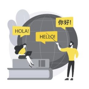 A stylized illustration shows two people interacting with a large globe while speech bubbles display greetings in different languages.